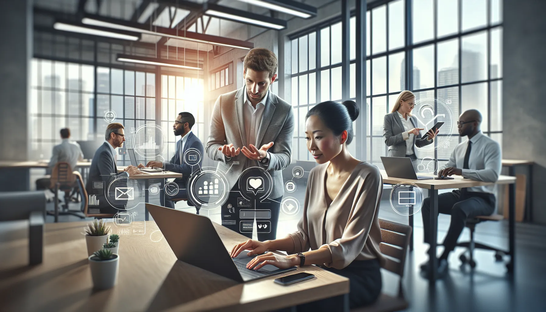 diverse professionals collaborating in a modern office setting.