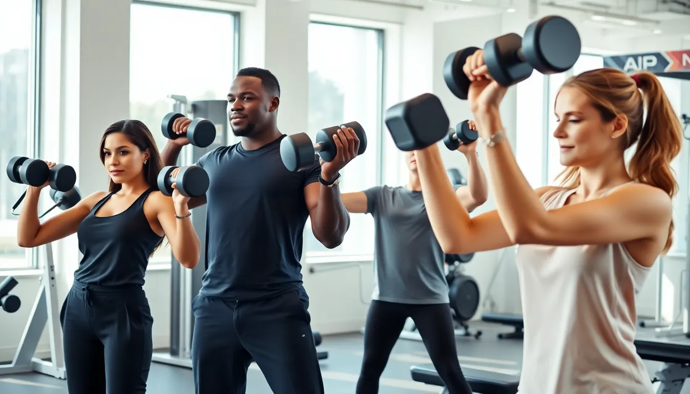 diverse group working out with dumbbells in a bright gym.