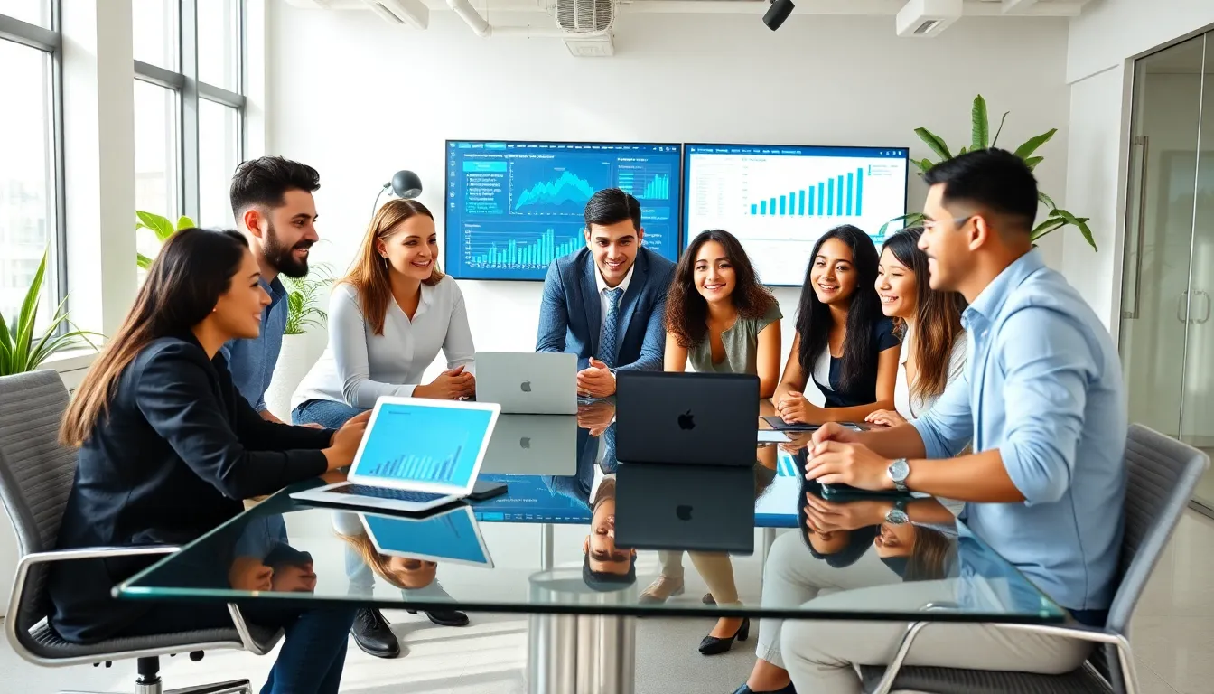 Diverse team discussing technology in modern office.