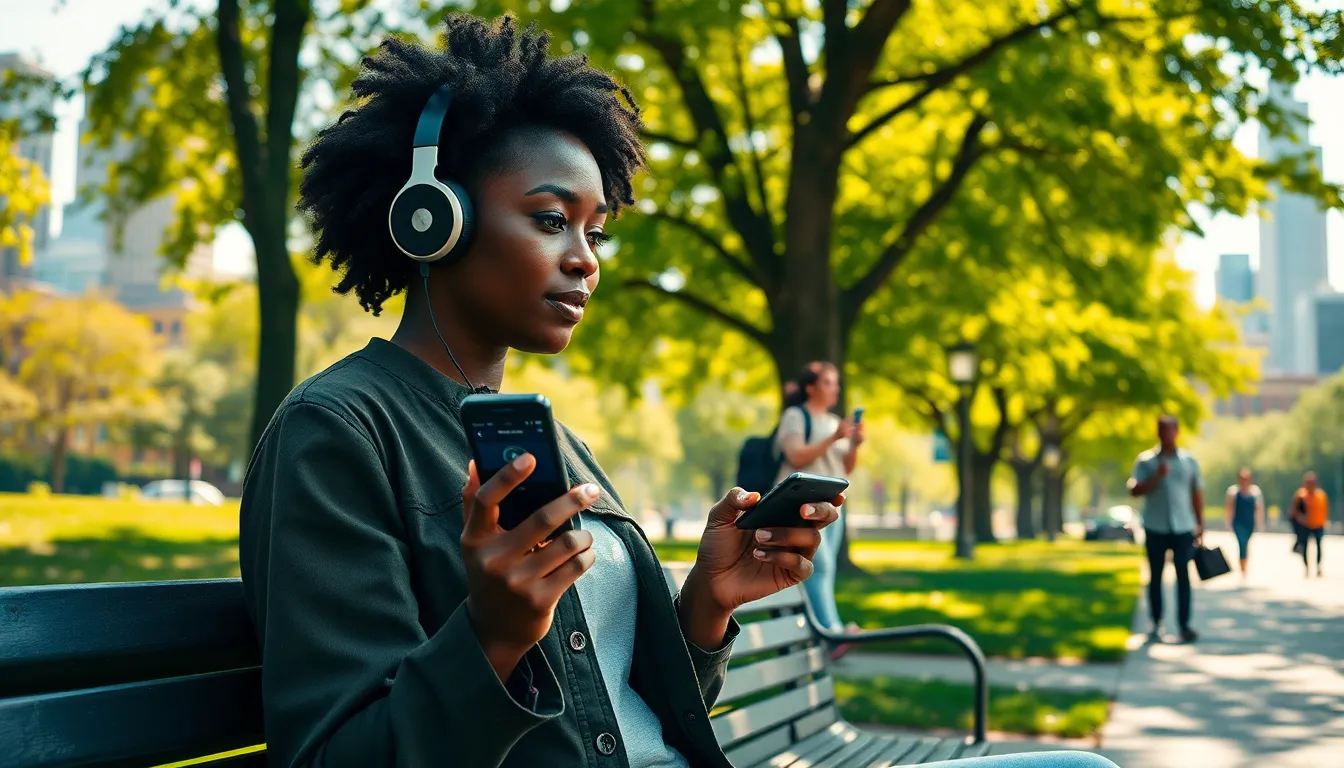 woman listening to music on a smartphone in a park.