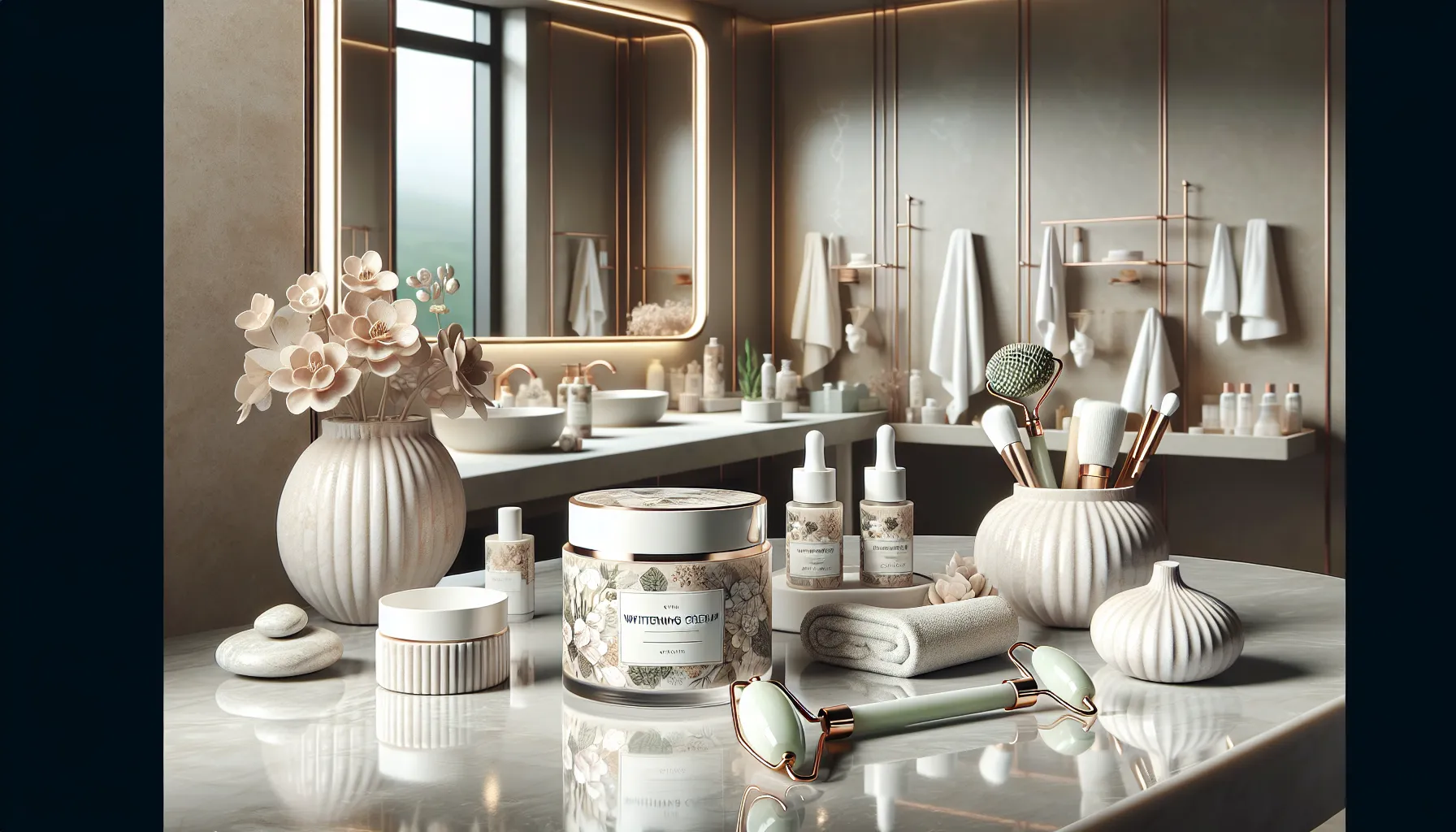 Lollia Whitening Cream displayed in an elegant bathroom setting.