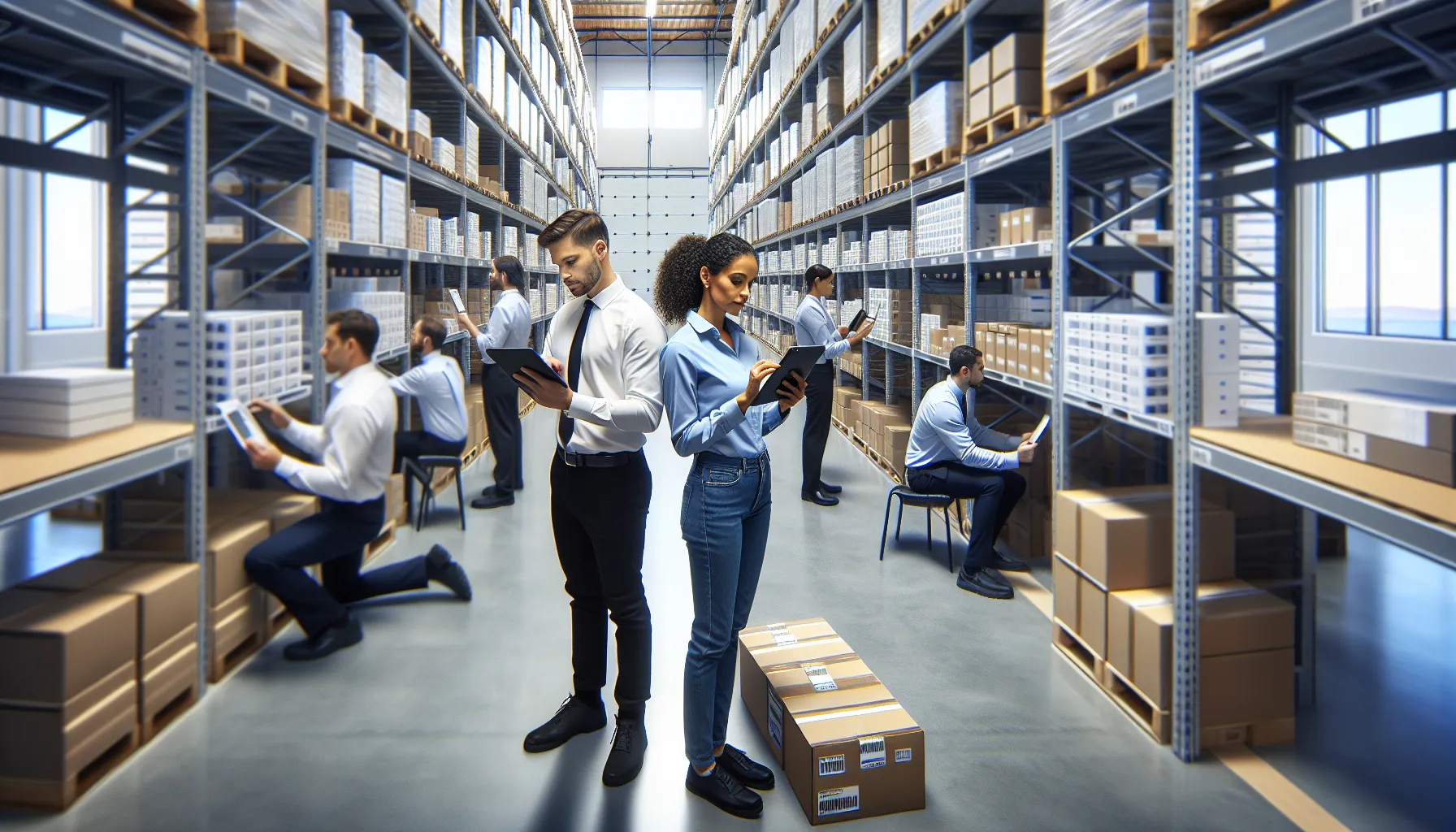diverse team reviewing inventory in a modern warehouse.