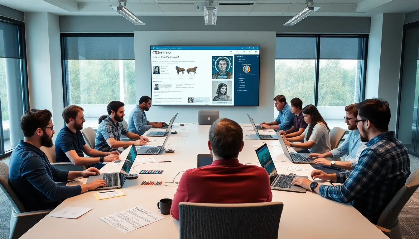 diverse gamers collaborating on Ck2generator in a modern office.