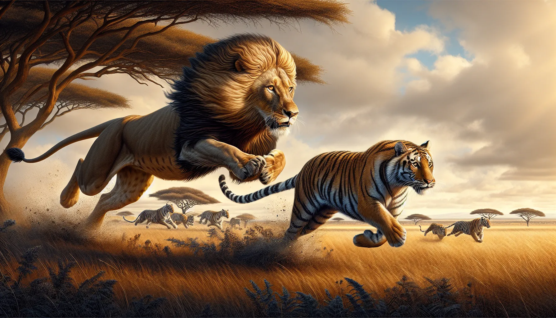 A lion and tiger running, showcasing speed in savanna and woodland settings.