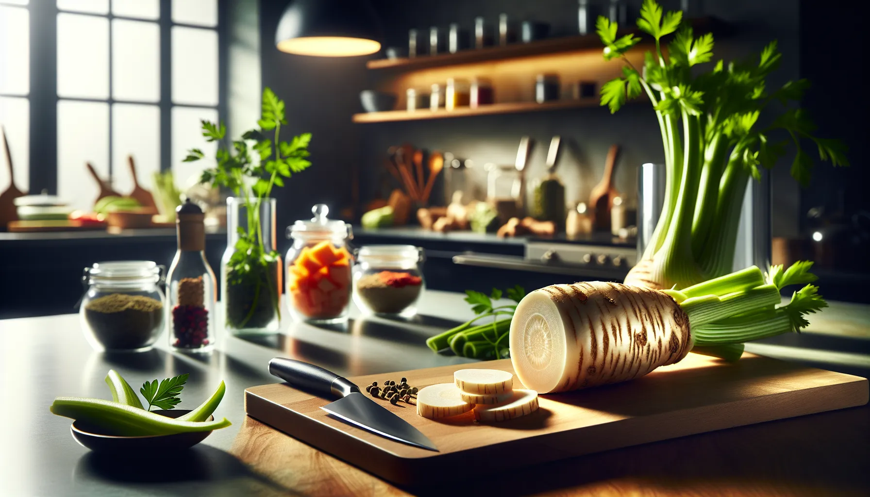 fresh celery root surrounded by herbs and spices on a kitchen countertop.