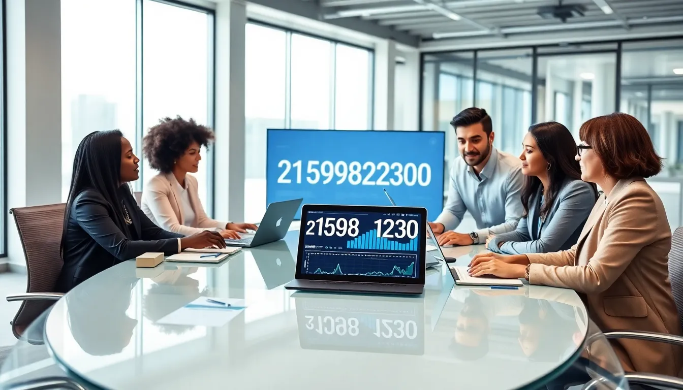 diverse team discussing data insights in a modern office.