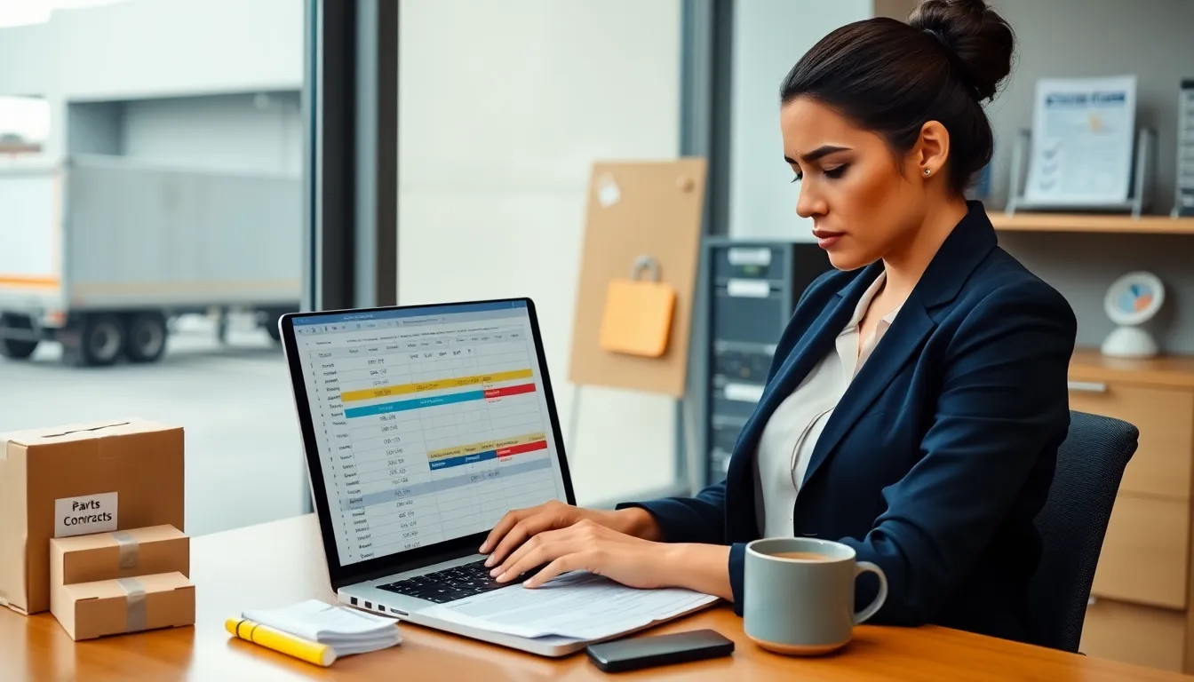 Procurement manager reviewing a vendor spreadsheet by a loading dock