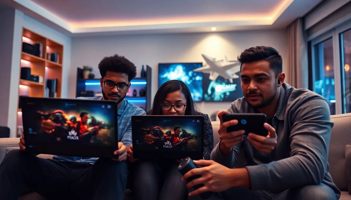 diverse gamers intensely playing Call of Duty Zombies in a modern living room.