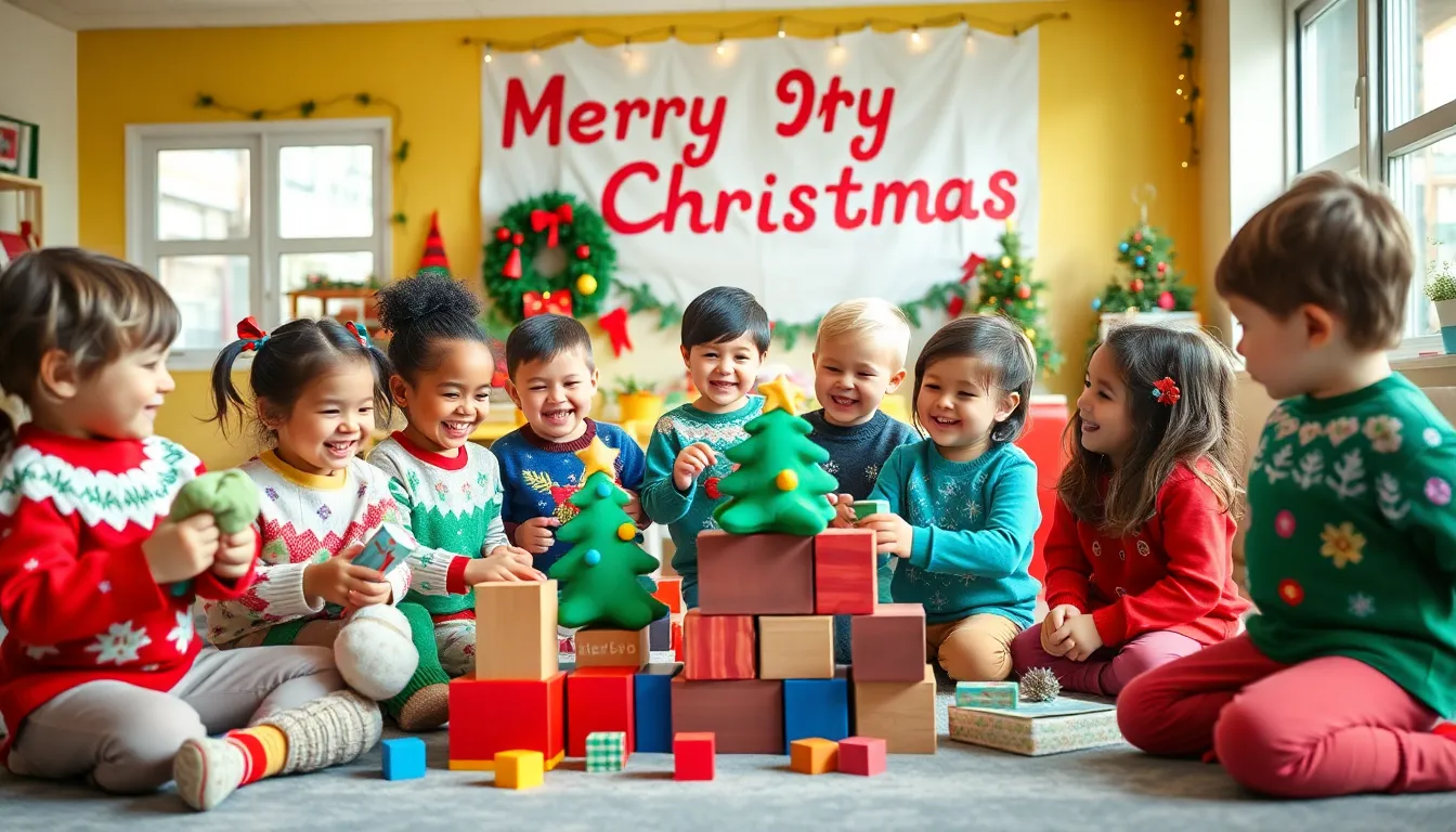 diverse preschoolers enjoying Christmas games in a festive classroom.