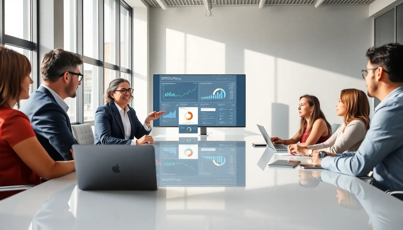 diverse professionals discussing XSMTRG technology in a modern office.