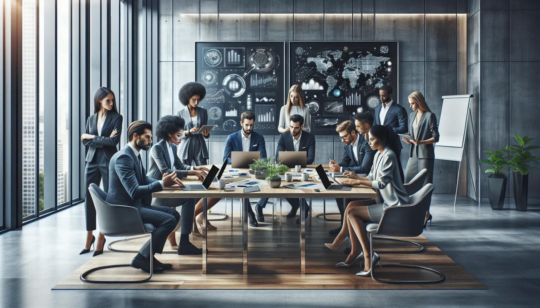 diverse team collaborating in a modern office on creative projects.