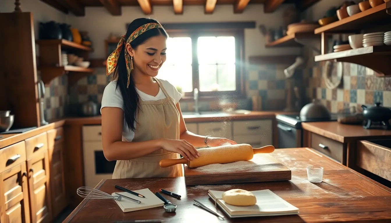 Nolmenes Palken baking in her sunny kitchen filled with fresh ingredients.