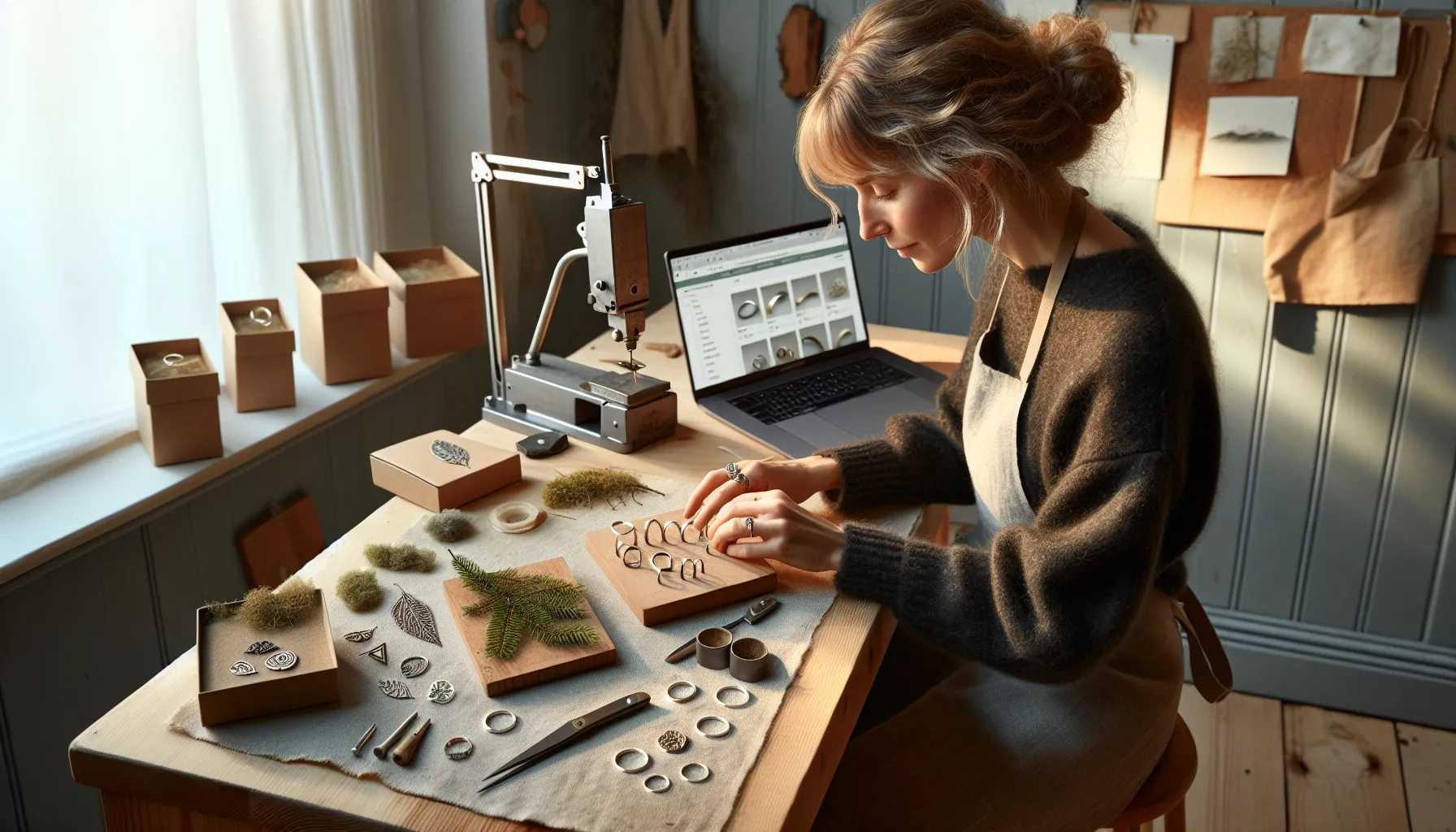 Hvordan tjene penger på å selge håndlagde produkter på etsy 2 Norwegian jeweler analyzes etsy trends while measuring a nature-themed silver ring.