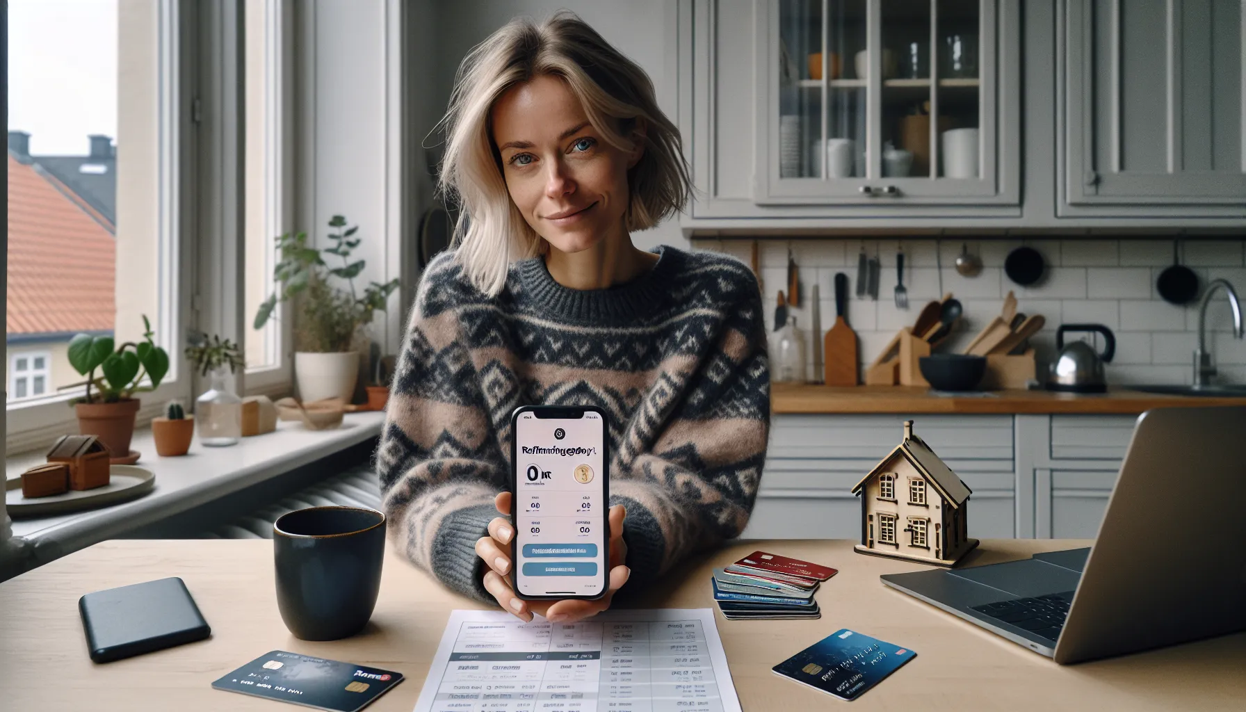 Hvordan refinansiere kredittkortgjeld uten å betale høye gebyrer 3 Norwegian woman selects low-fee credit card refinancing options on a banking app.