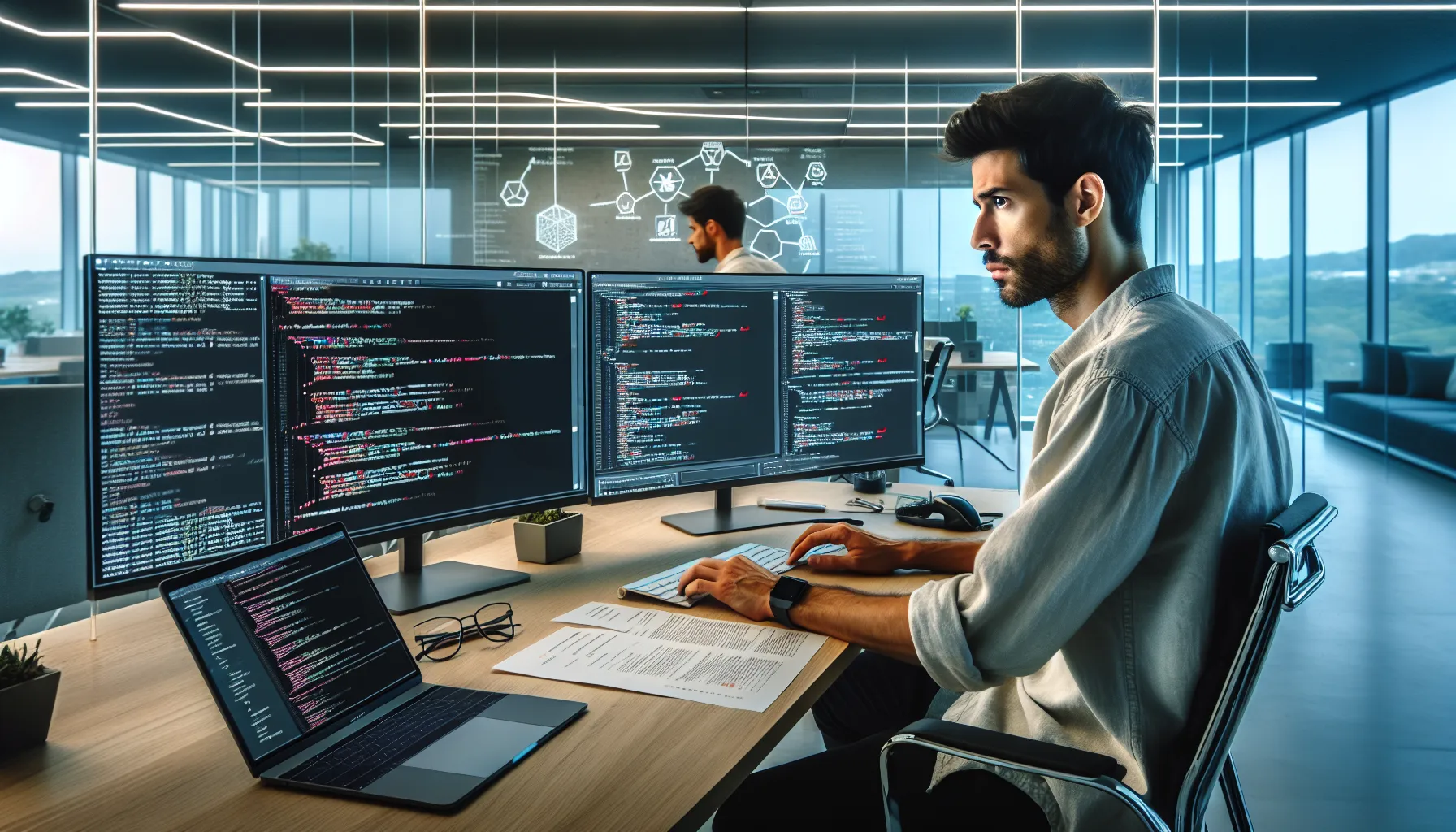 Cybersecurity professional reviewing smart contract code on multiple monitors in modern tech office.