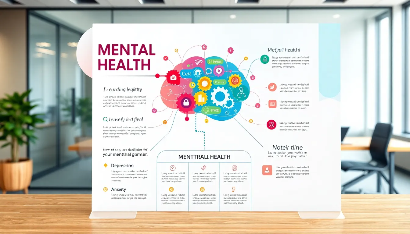 a mental health awareness poster featuring key concepts and motivational phrases.