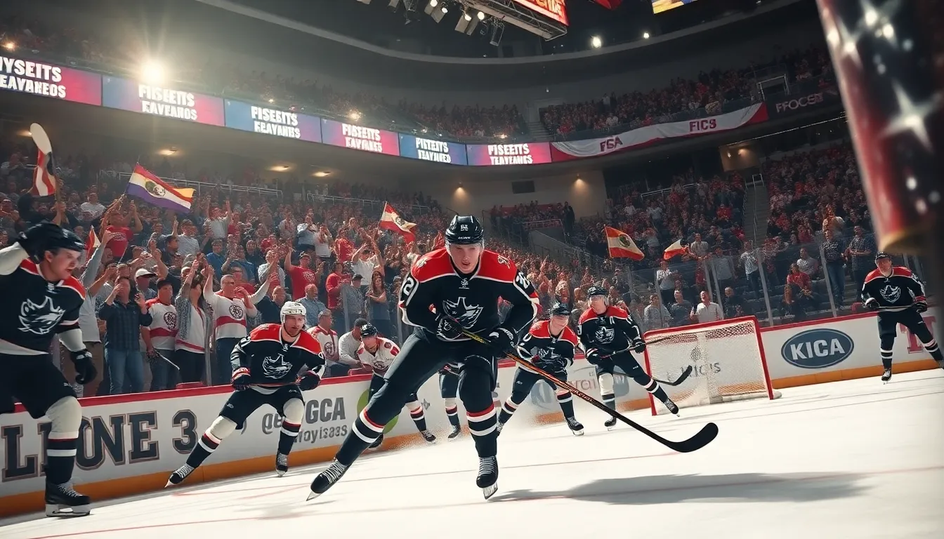 hockey players in action during an intense game in an arena.