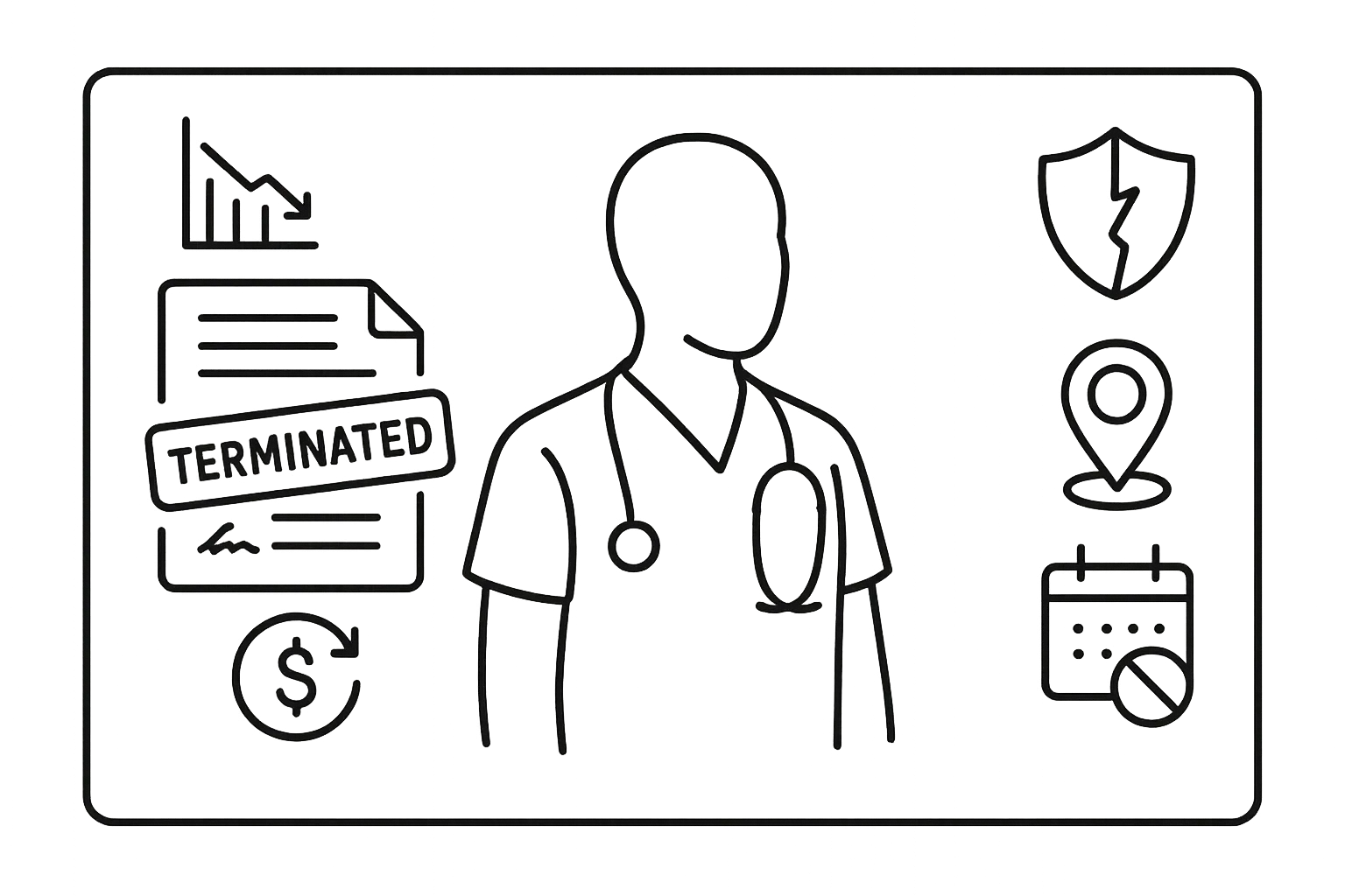 A PA figure surrounded by icons for contract termination, repayment, insurance gap.