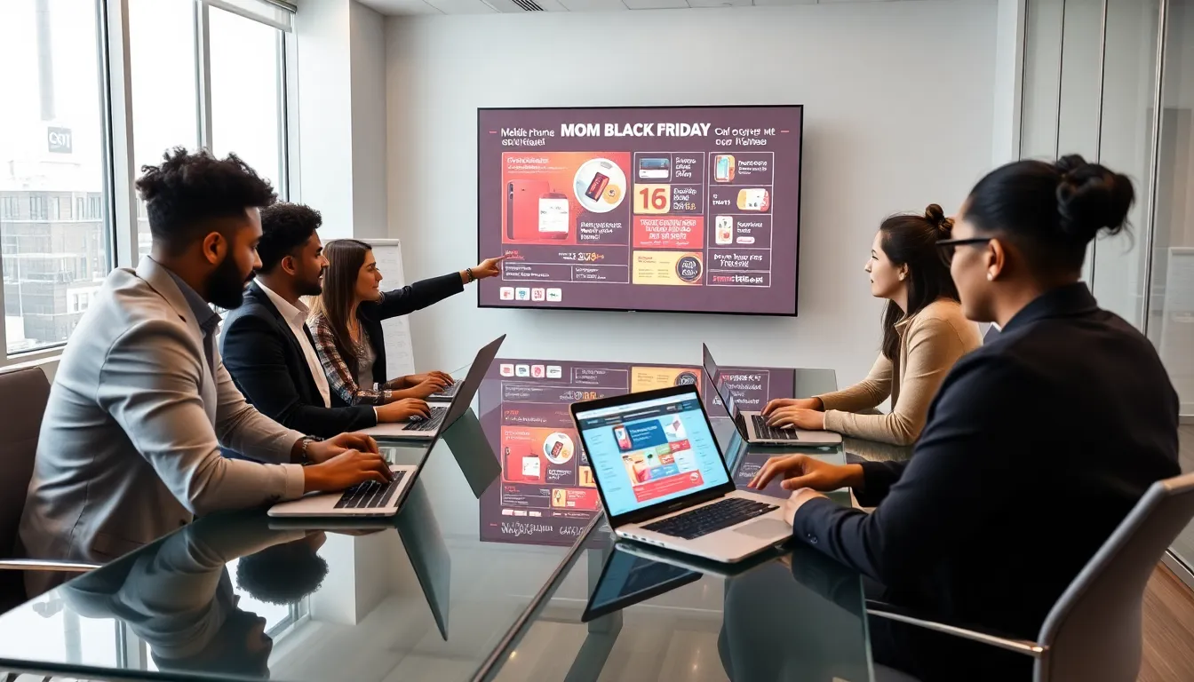 diverse team discussing mobile phone Black Friday deals in an office.