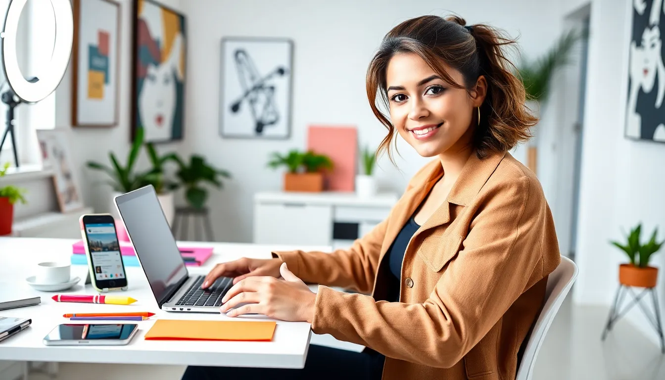 Rinaxoxo45 in a modern workspace, engaging with her audience.