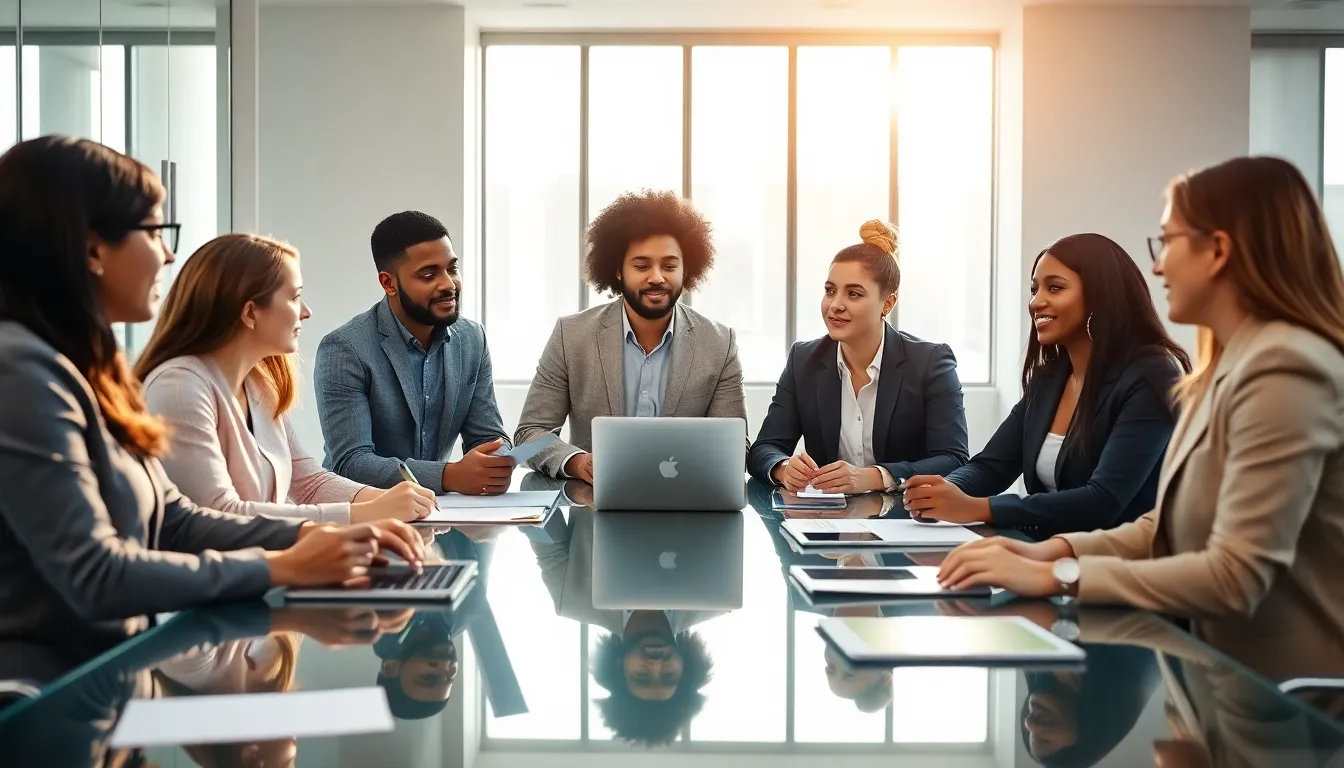 diverse team collaborating on career development questions in a modern office.