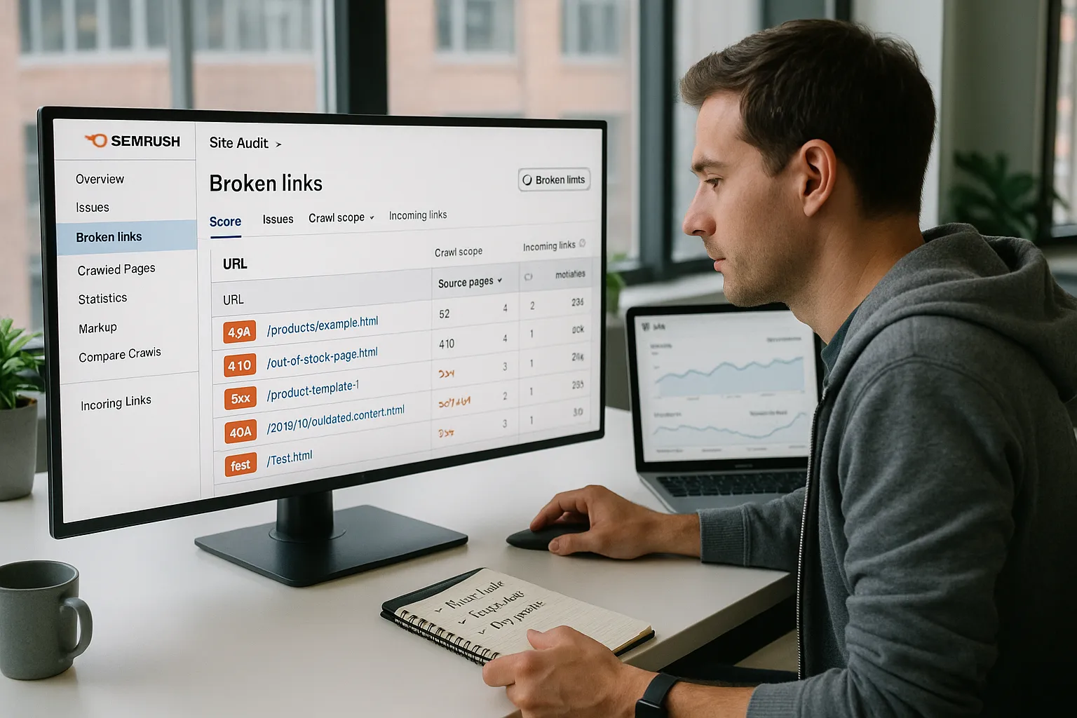 Marketer reviewing Semrush Site Audit broken link report on a large monitor.