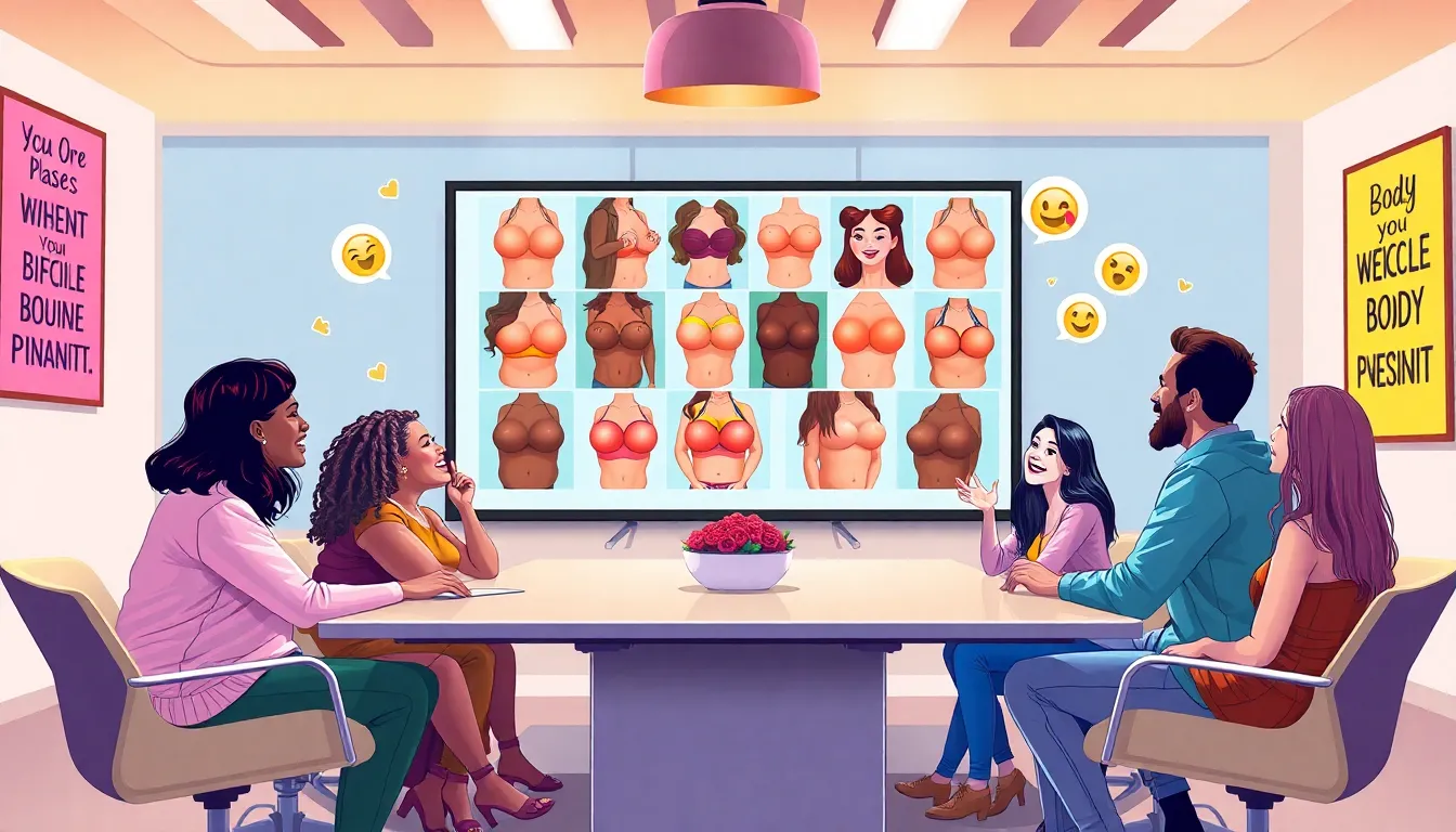 diverse group discussing playful animated images in a modern office.