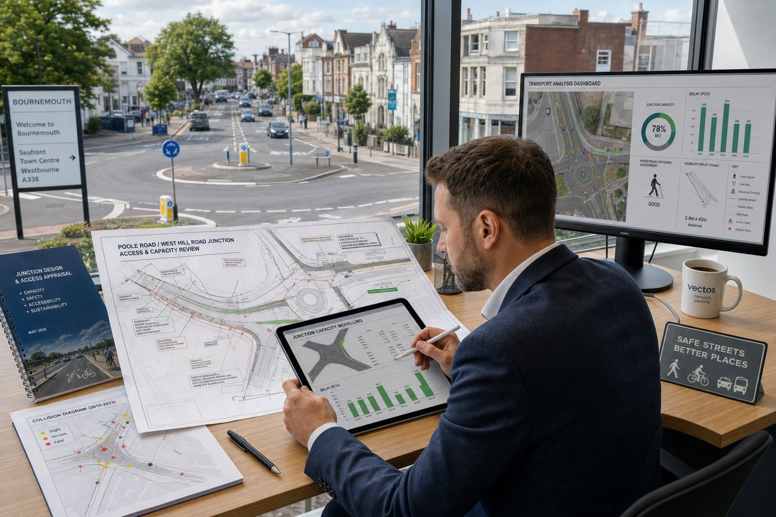 Traffic engineer reviewing junction access and road safety plans in a modern office.