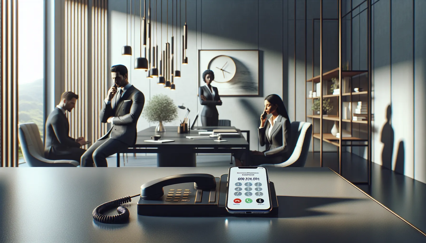 professionals discussing phone etiquette in a modern office setting.