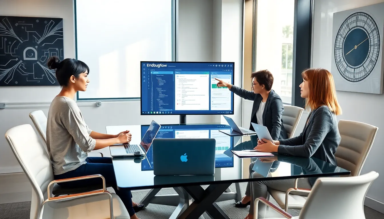 diverse team discussing Endbugflow software in a modern office.