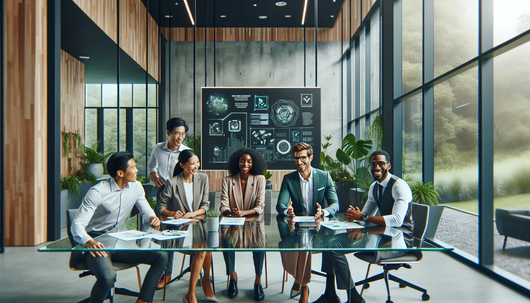 diverse team brainstorming sustainable health solutions in a modern office.