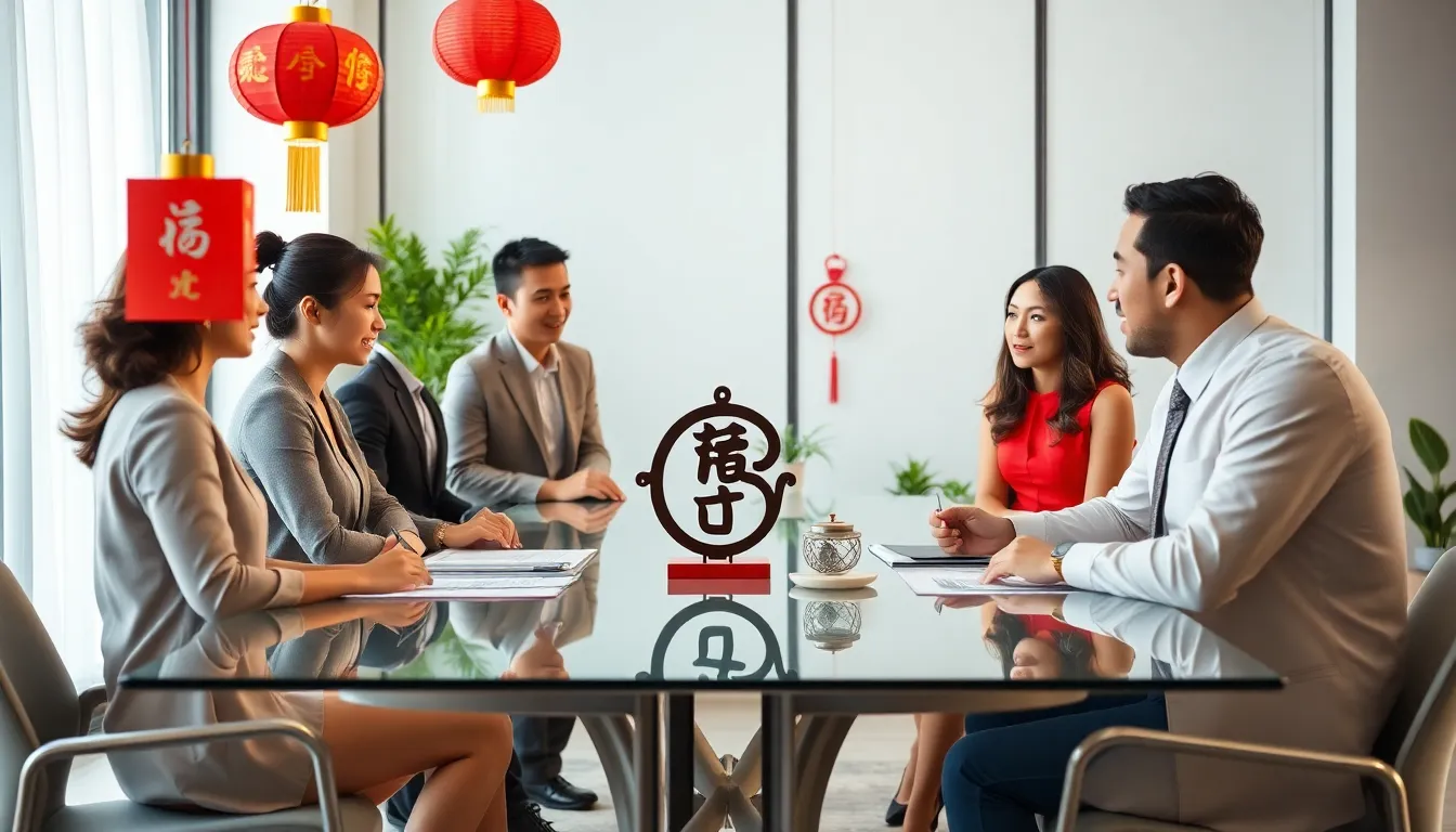 diverse team discussing business in a modern office with symbols of luck.