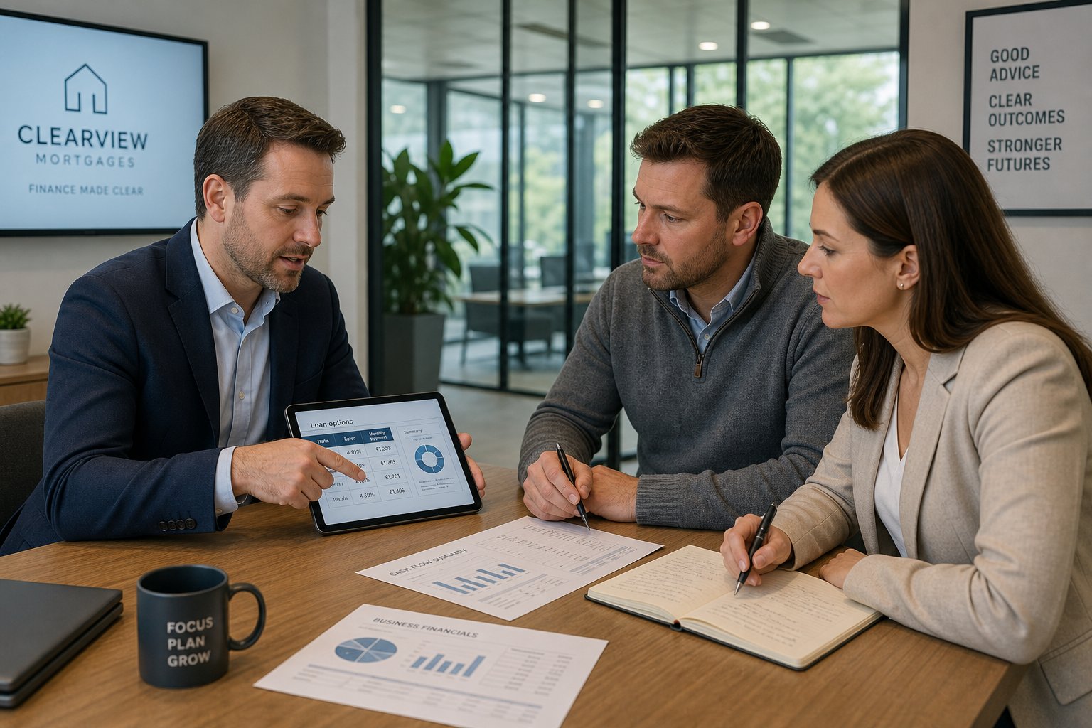 Commercial Mortgages In Haslingden 13 Mortgage adviser presenting figures to business partners in a modern meeting room.