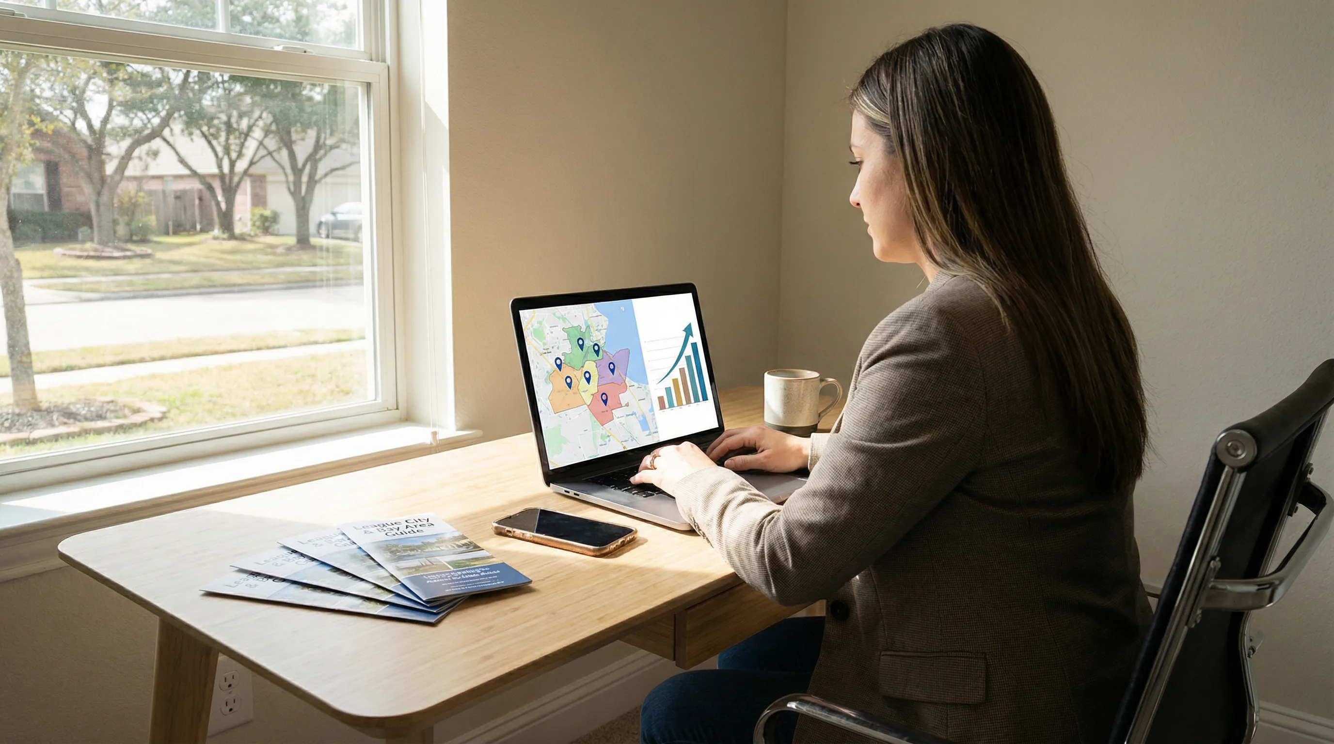 Professional reviewing a laptop with a city map, location markers, and rising graph in a modern office.