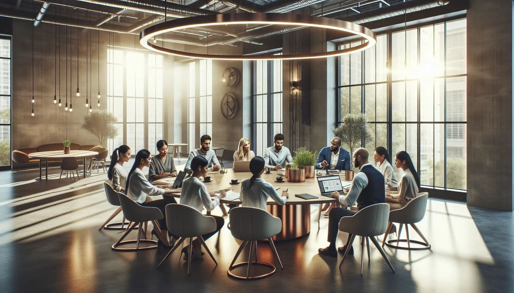 diverse professionals collaborating in a modern co-working space.
