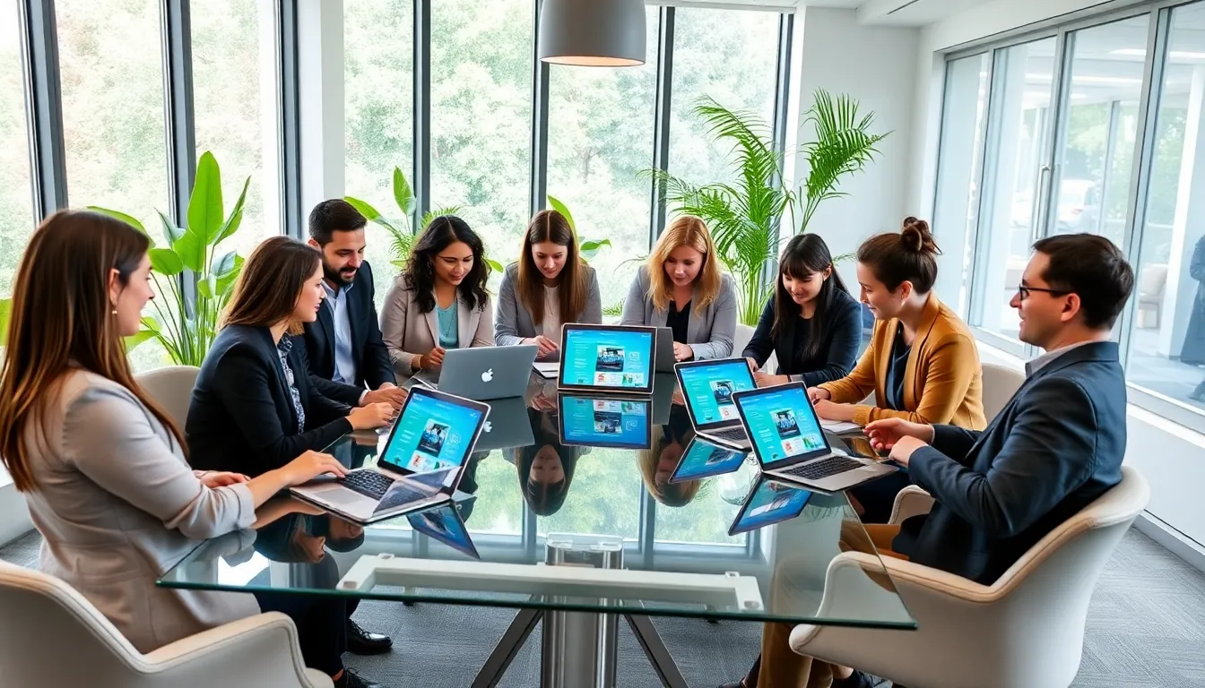 professionals collaborating in a modern office discussing Gatadosul2 features.