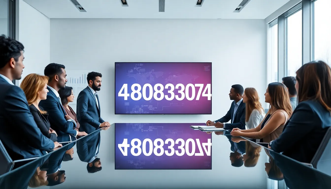 diverse team discussing insights on a digital screen in a conference room.