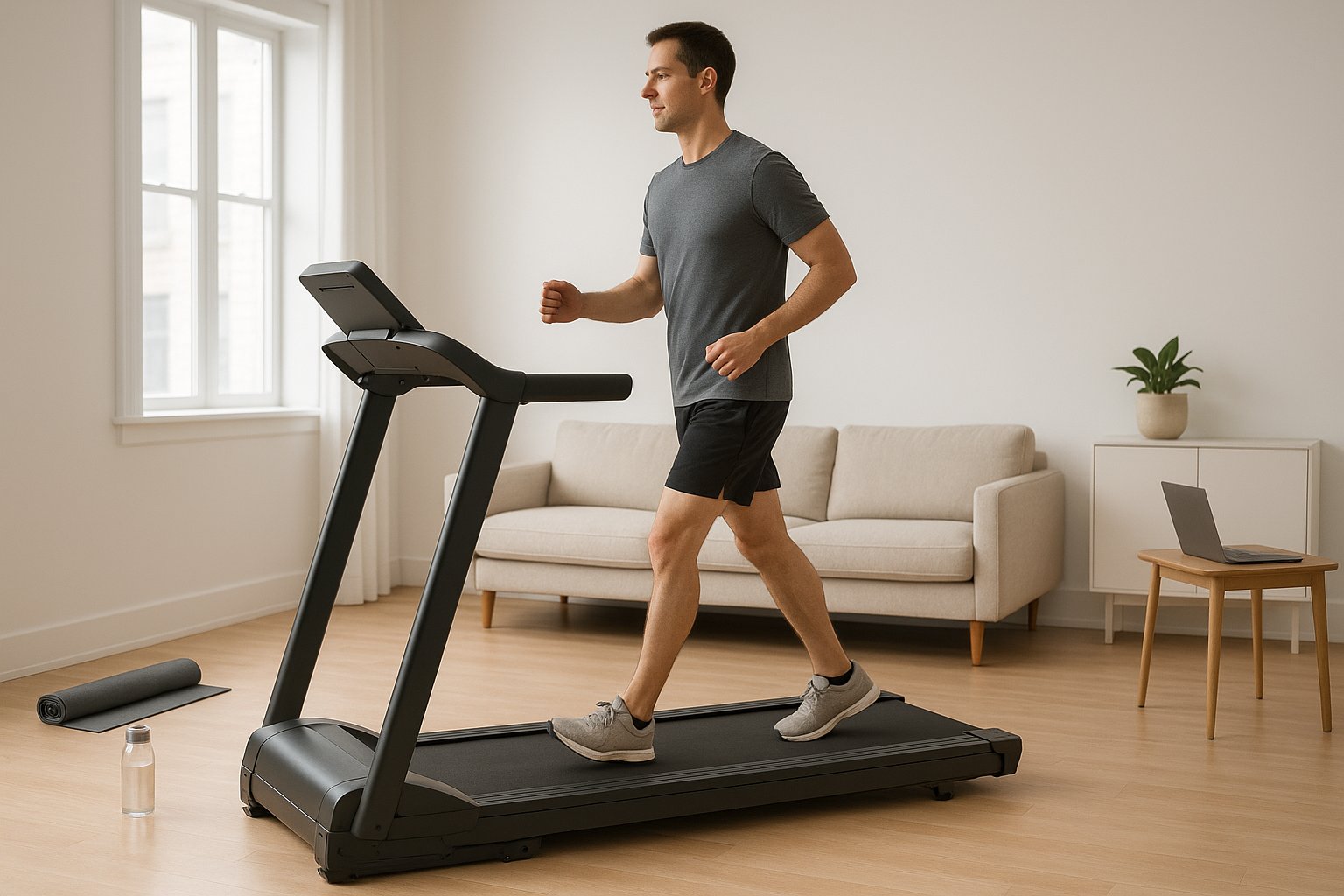 Person lightly running on a folding treadmill in a modern apartment.