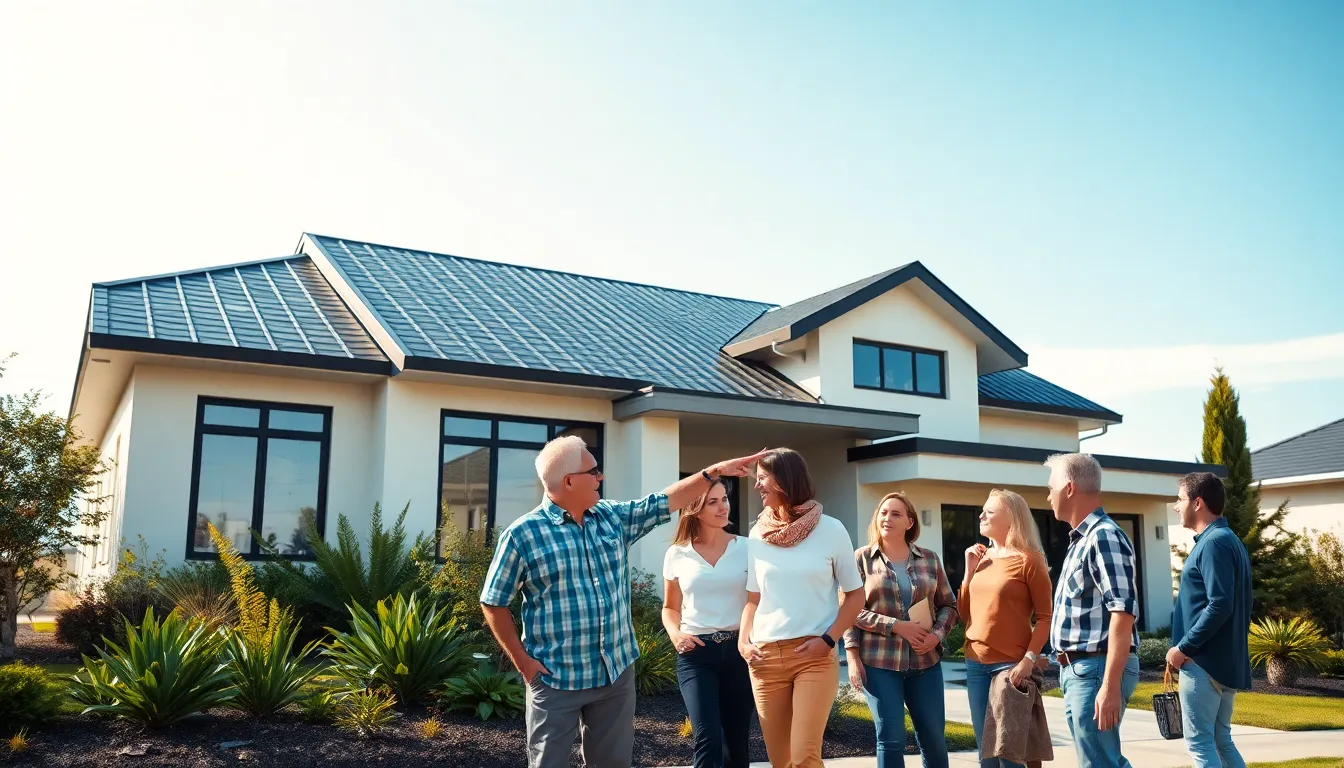 modern home with vinyl roofing and diverse homeowners discussing benefits.