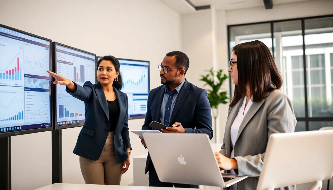 Diverse team collaborating on data extraction in a modern office.