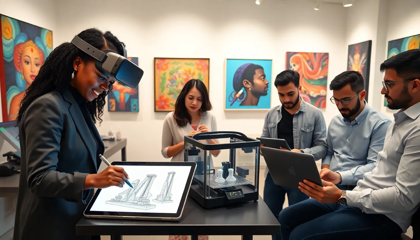 diverse artists collaborating in a modern art studio with technology.