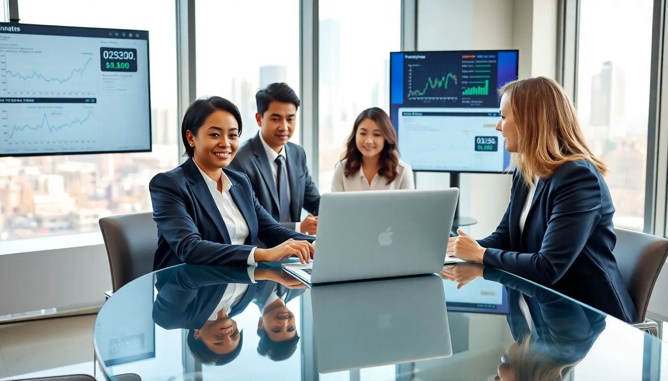 financial analysts discussing PB investing in a modern office.