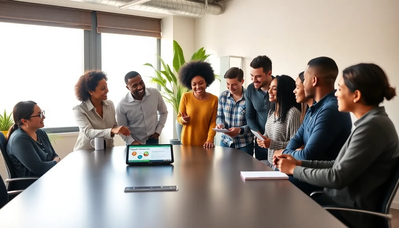 diverse group discussing health and wellness in a modern office.