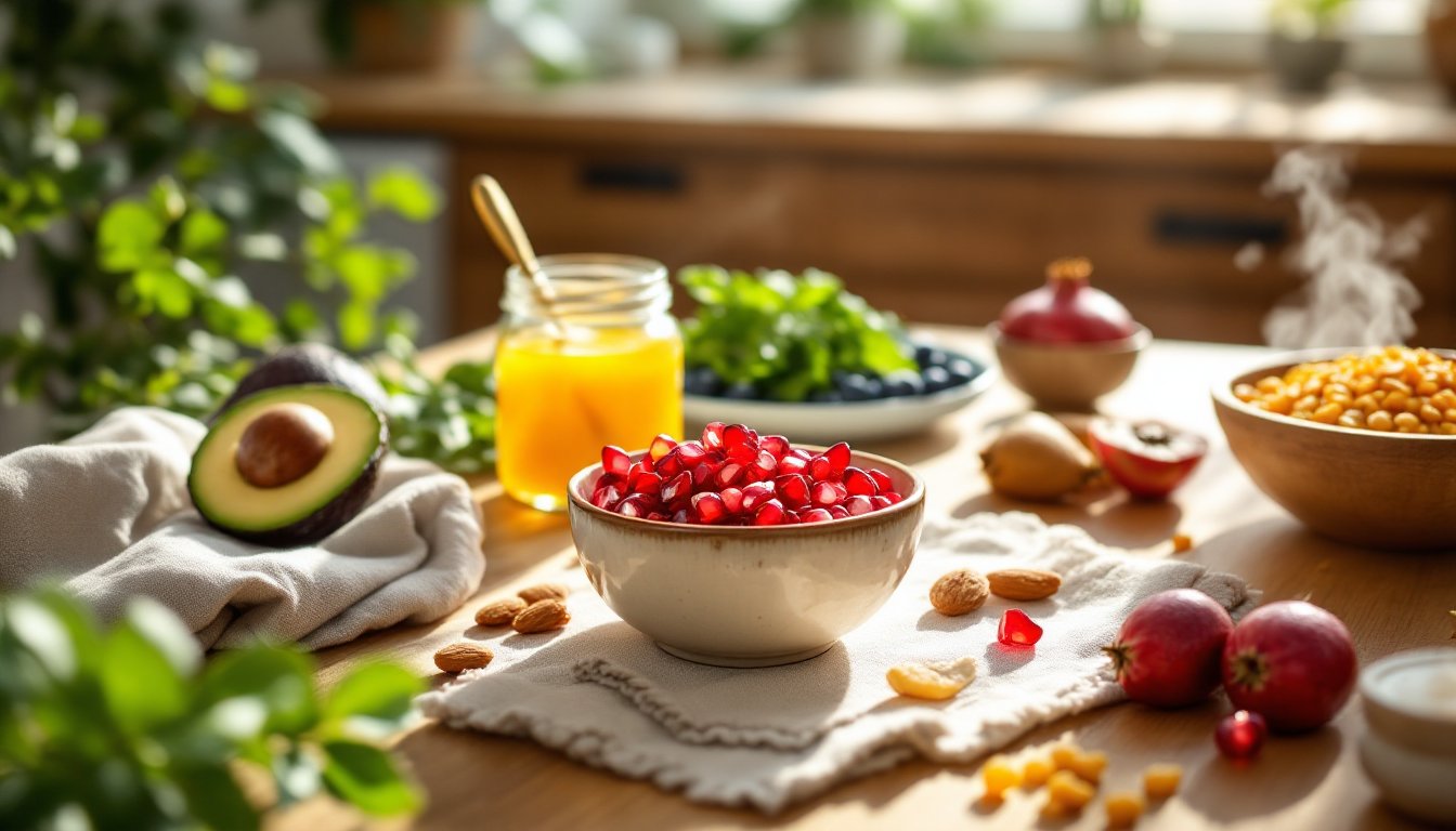 A bowl of pomegranate seeds surrounded by ghee, avocado, almonds, and greens on a sunlit table.