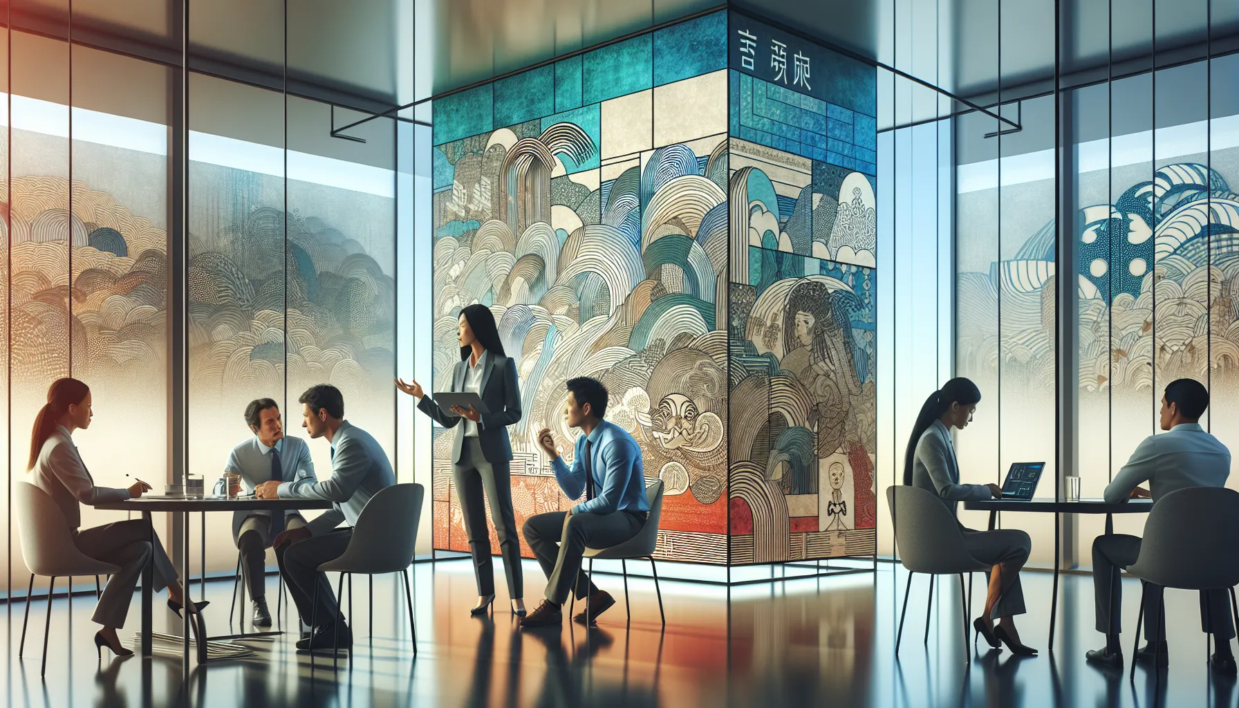 diverse professionals discussing cultural identity in a modern office.