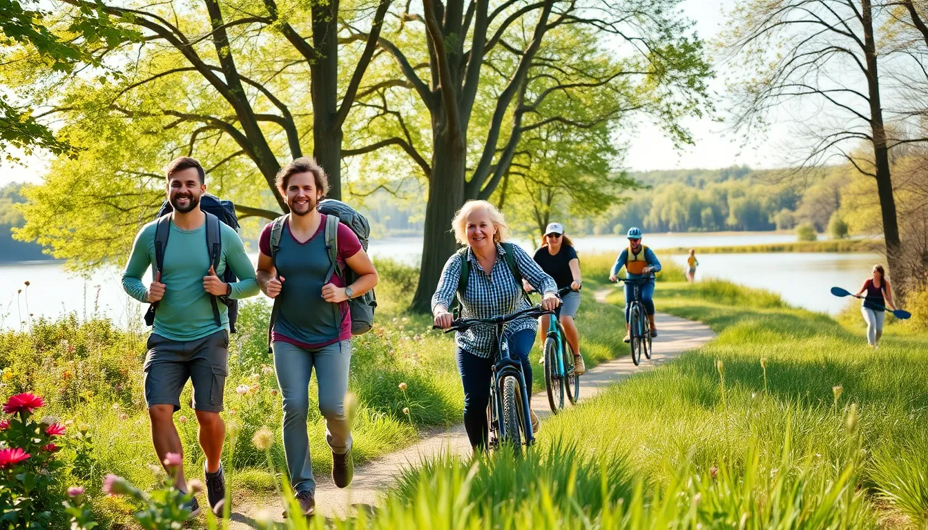 diverse group enjoying outdoor activities like hiking and biking.