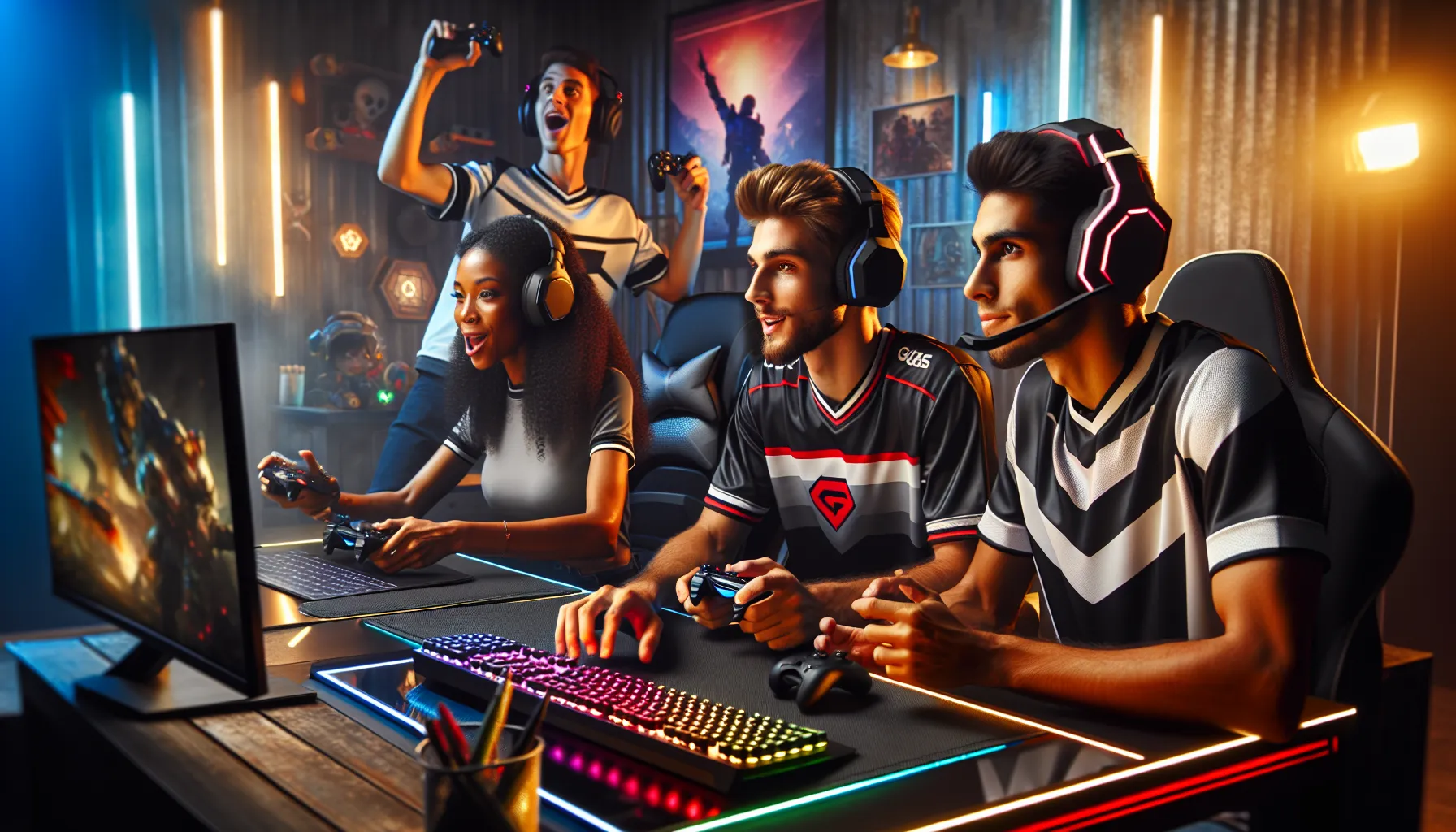 three gamers enthusiastically using Scookiegear in a colorful gaming setup.