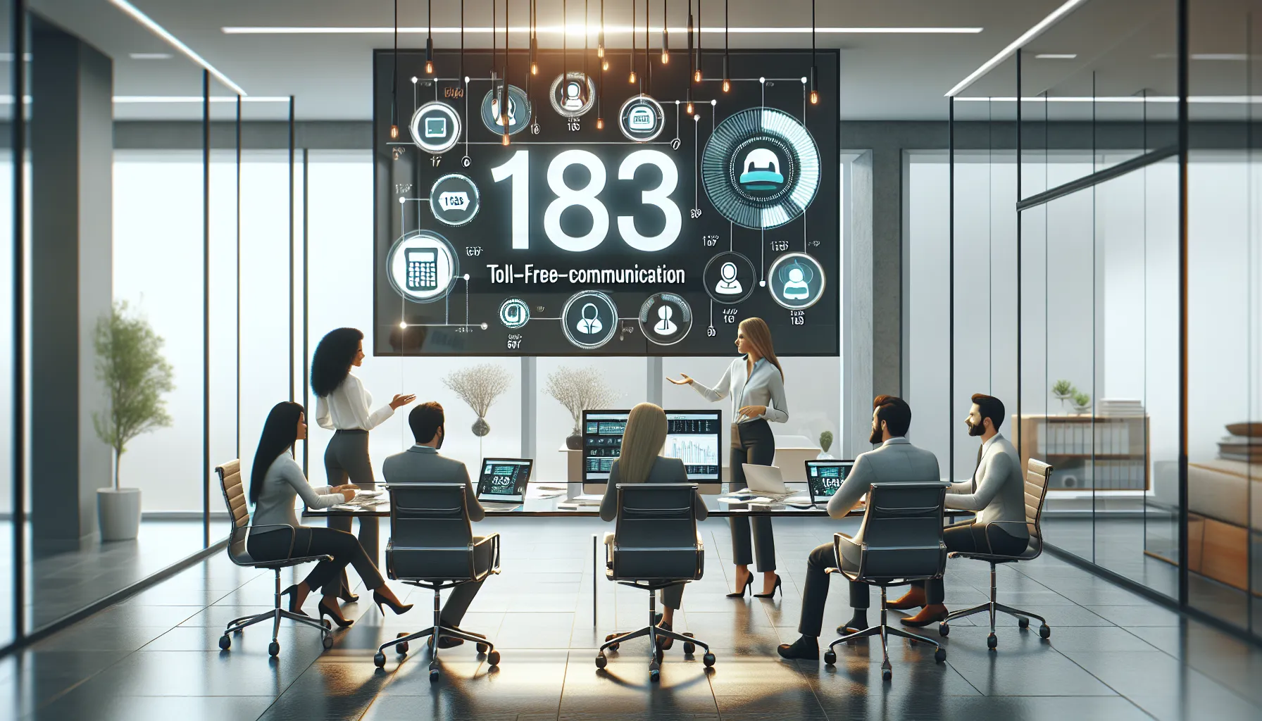 diverse team discussing toll-free numbers in a modern office.
