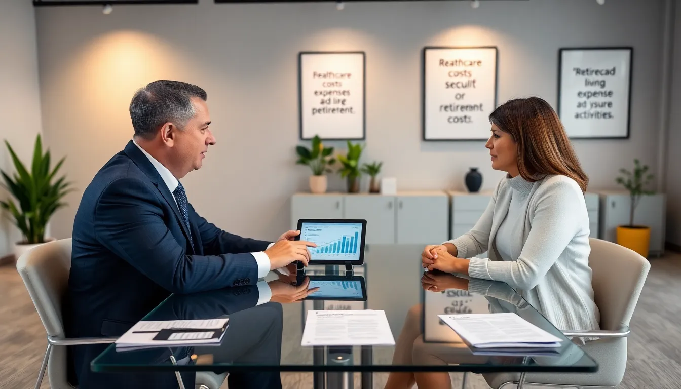 financial advisor discussing retirement planning with a diverse couple.