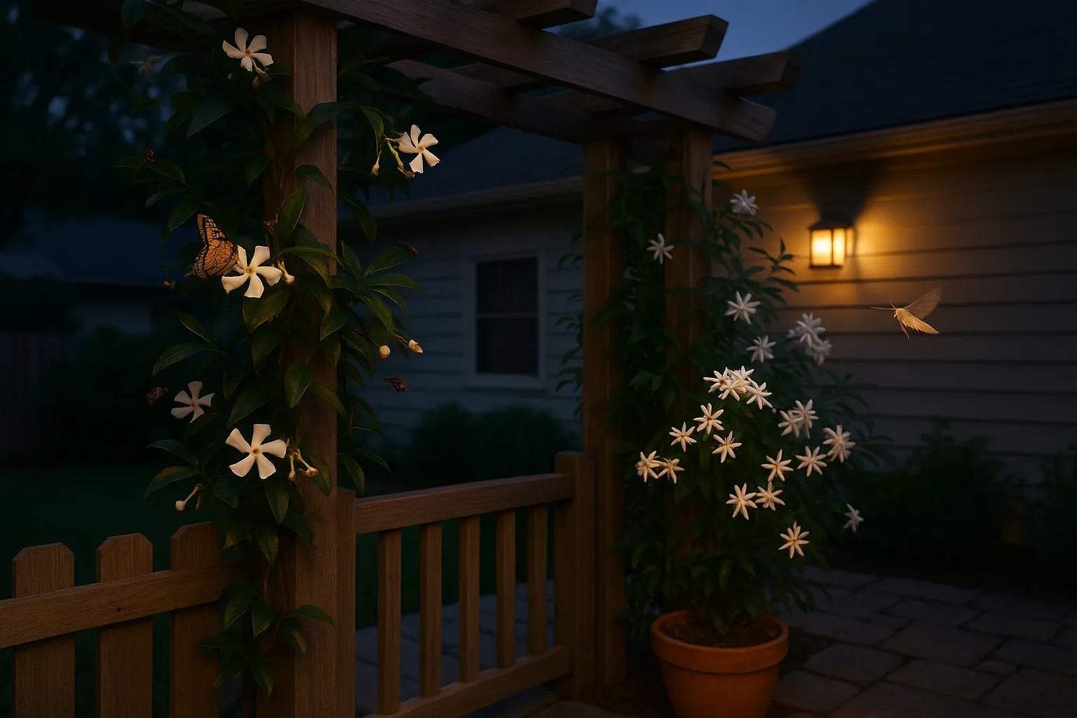 Trachelospermum and common jasmine vines on a patio with bees, a butterfly, and a moth.